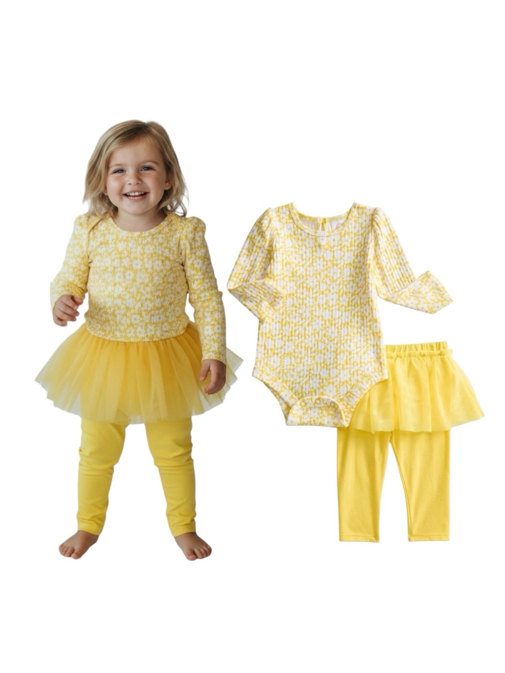 wonder nation Yellow Floral Bodysuit With Tulle Skeggings 2 Piece Set